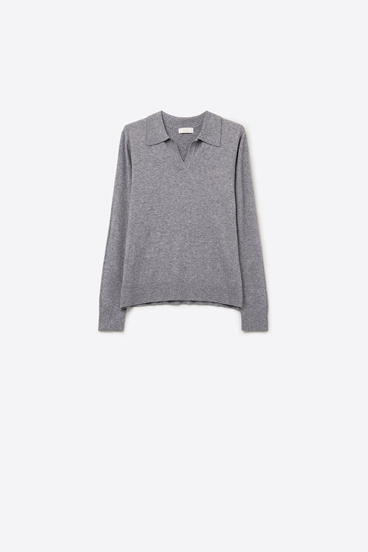 Knitted polo collar with V-neckline no button placket in grey - Polos