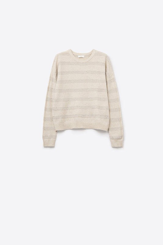 Cream Striped Knit Sweater with Sequin Detail