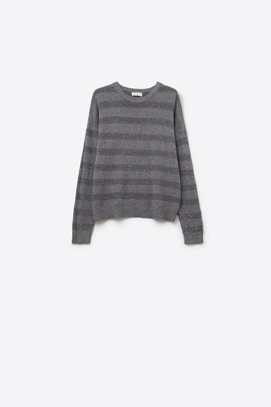 grey Striped Knit Sweater with Sequin Detail