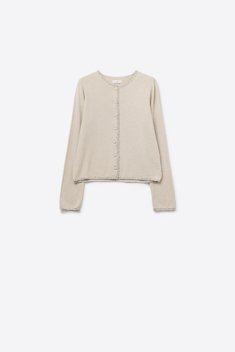 fine knit beige cardigan with rhinestone detail