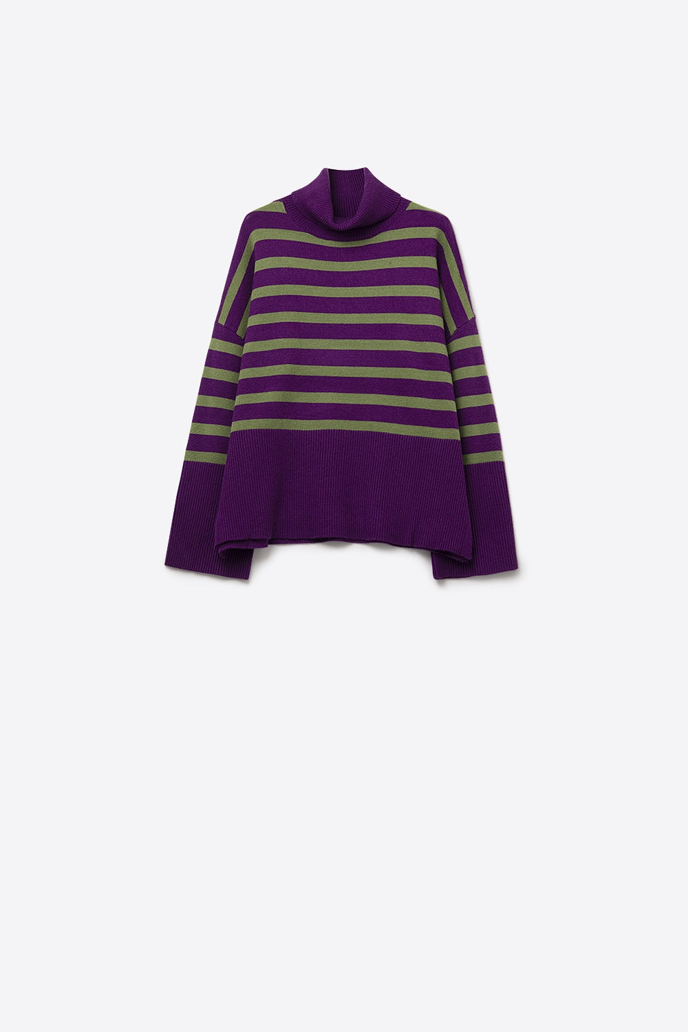 Purple oversized turtleneck sweater with green stripes and splits on the side