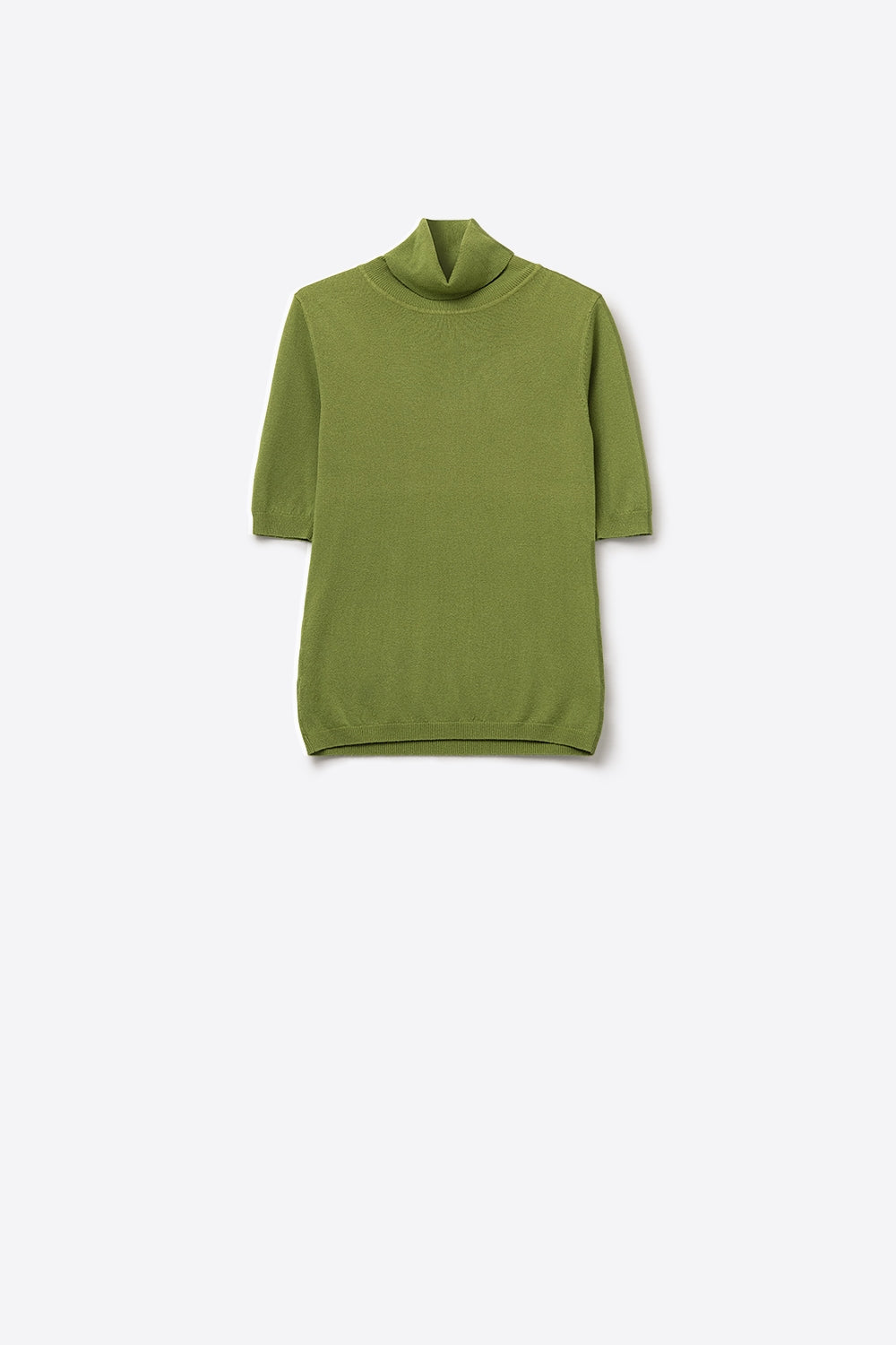 Fine knit sweater in olive green with a high neck and elbow-length sleeves