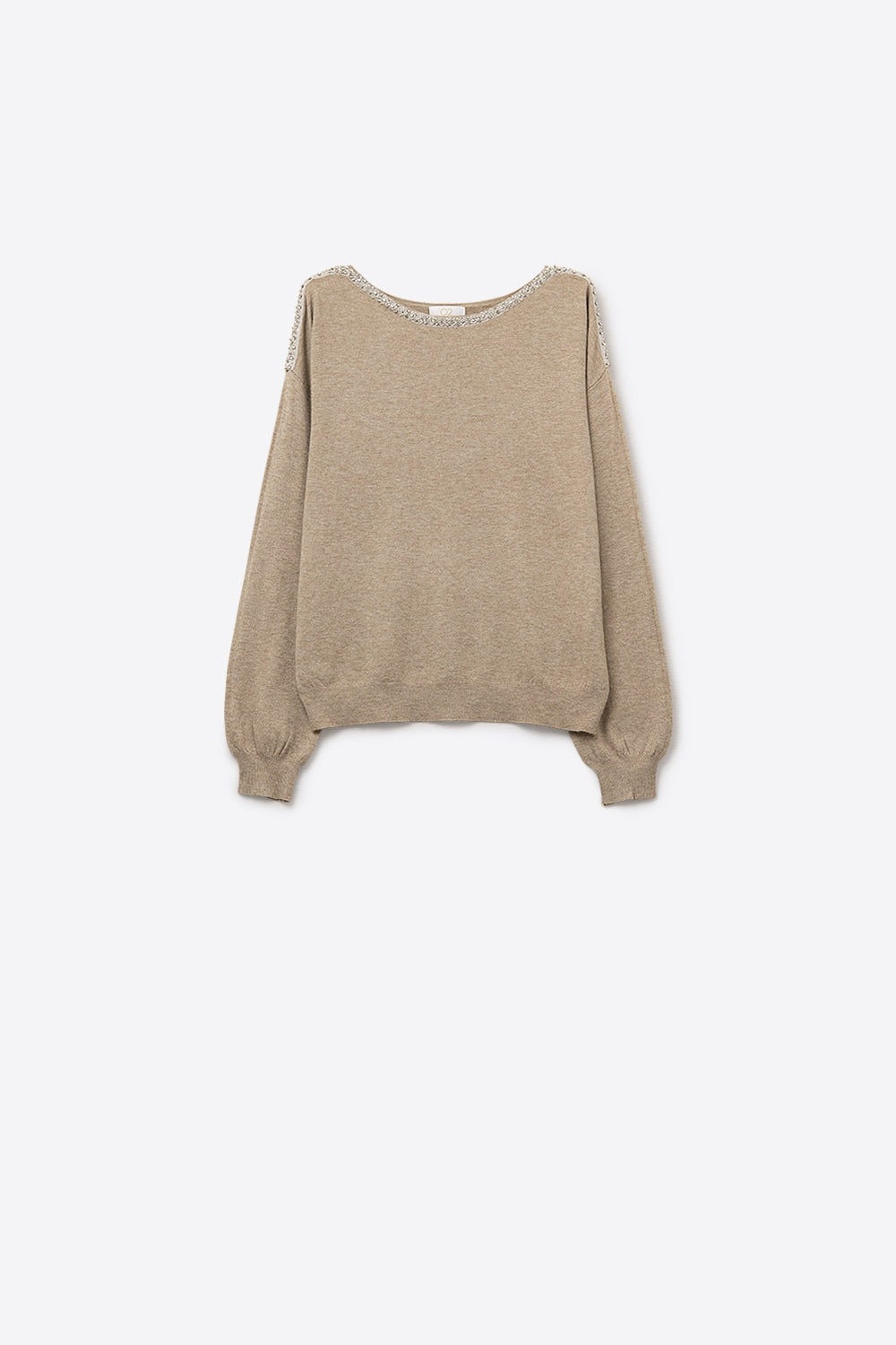 beige fine knit sweater with a boat neck and rhinestone detail