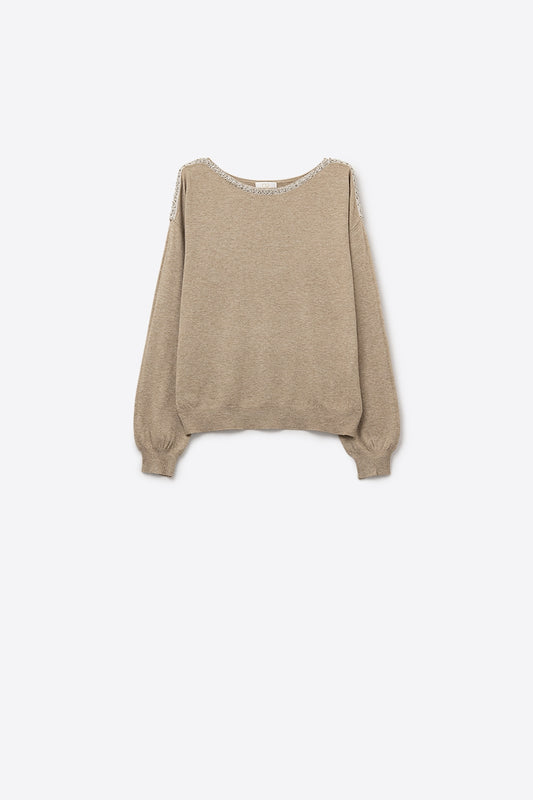 beige fine knit sweater with a boat neck and rhinestone detail