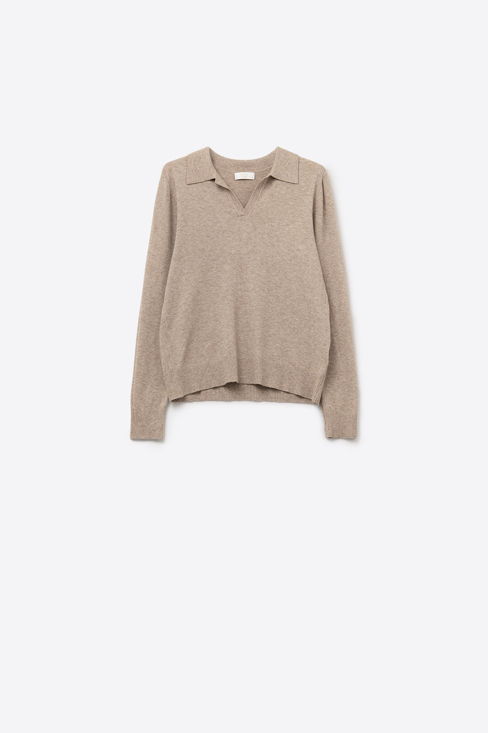 Beige Knitted polo collar with V-neckline no button placket - Polos