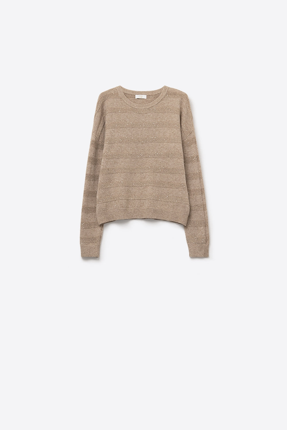 Beige Striped Knit Sweater with Sequin Detail