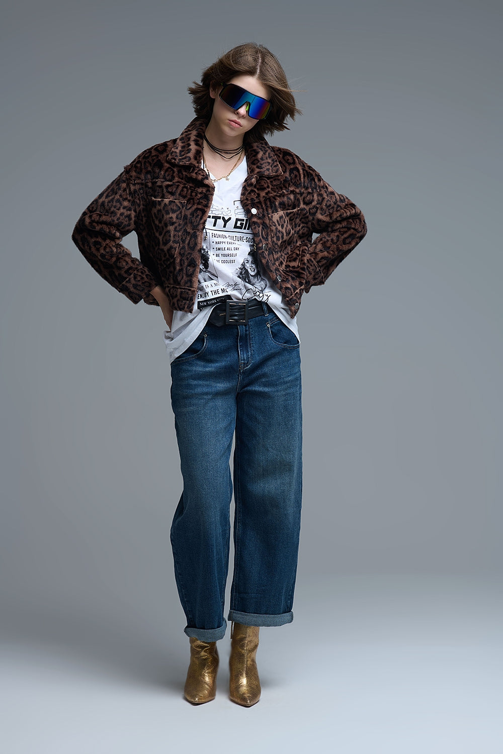 Cropped button-up faux fuzzy jacket in bold leopard print - blazer