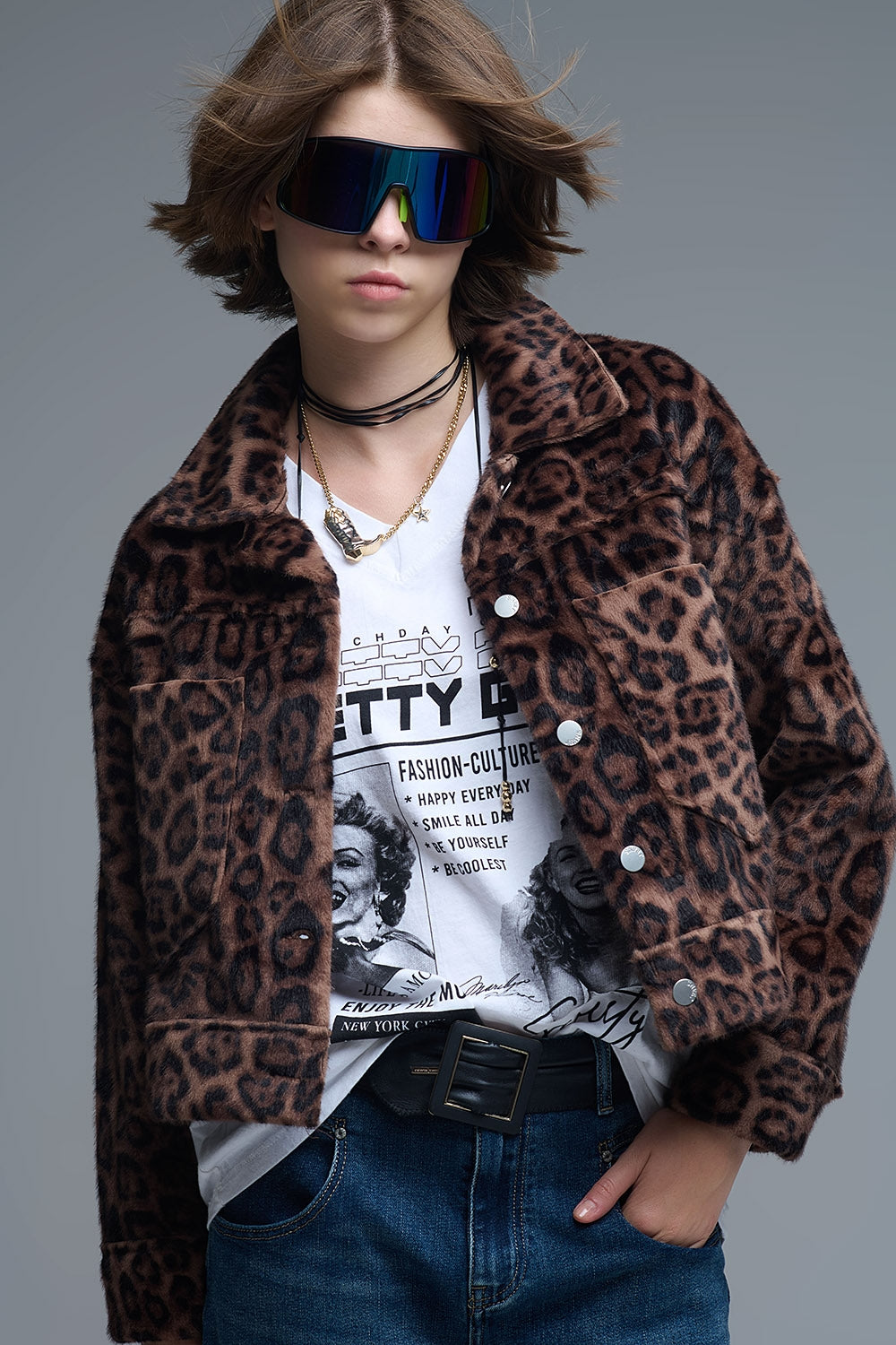 Cropped button-up faux fuzzy jacket in bold leopard print - blazer