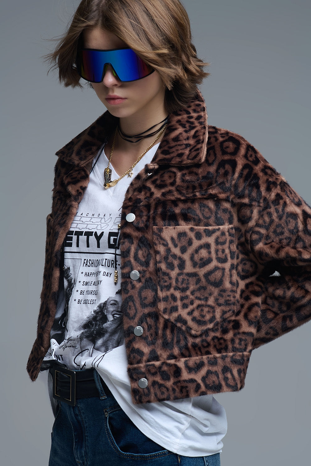 Cropped button-up faux fuzzy jacket in bold leopard print - blazer