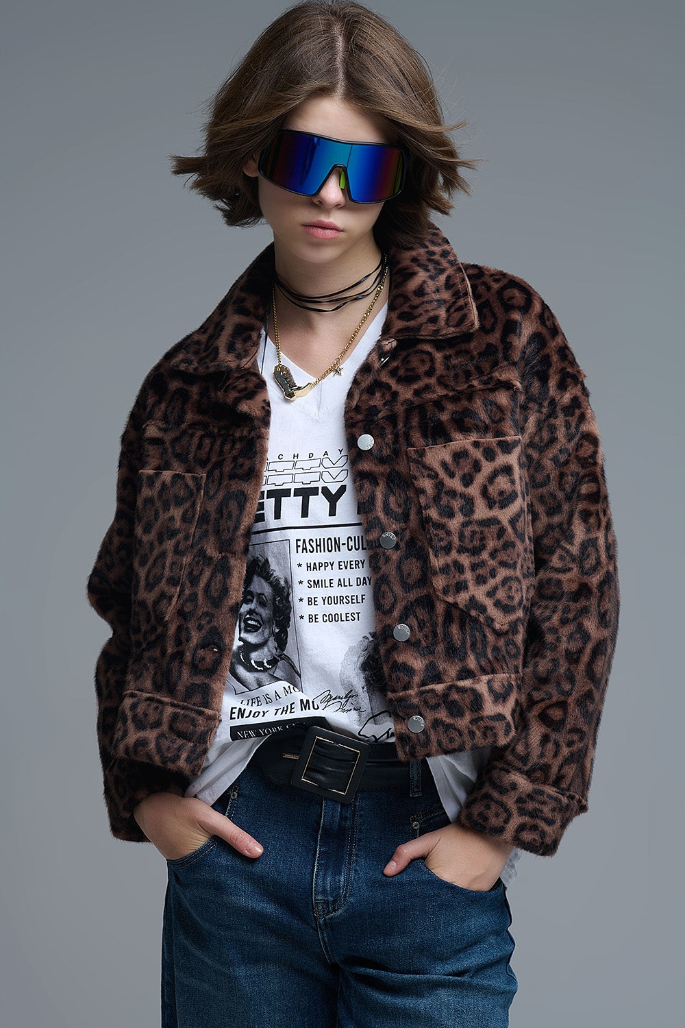 Cropped button-up faux fuzzy jacket in bold leopard print - blazer
