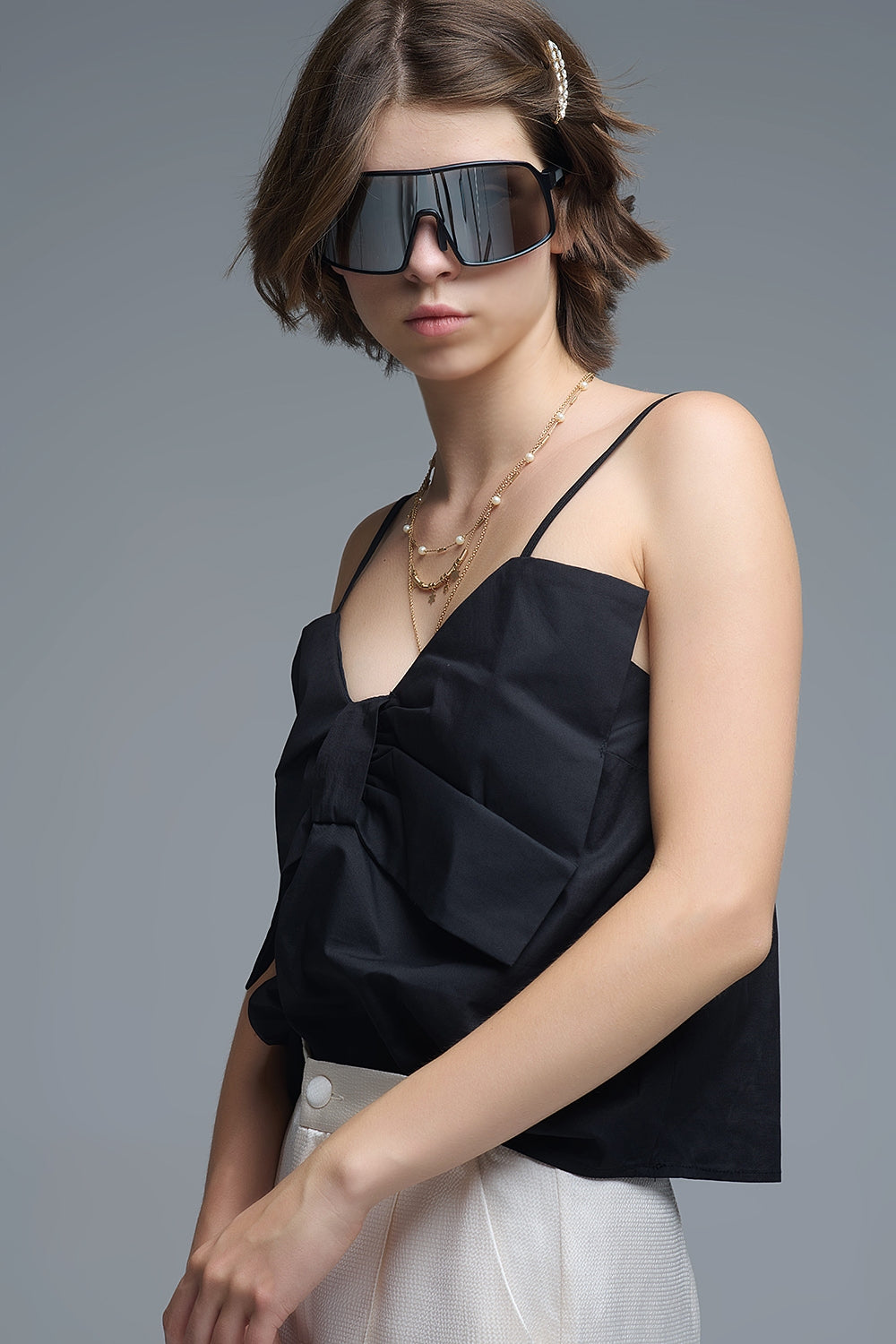 Black poplin crop top with bow detail
