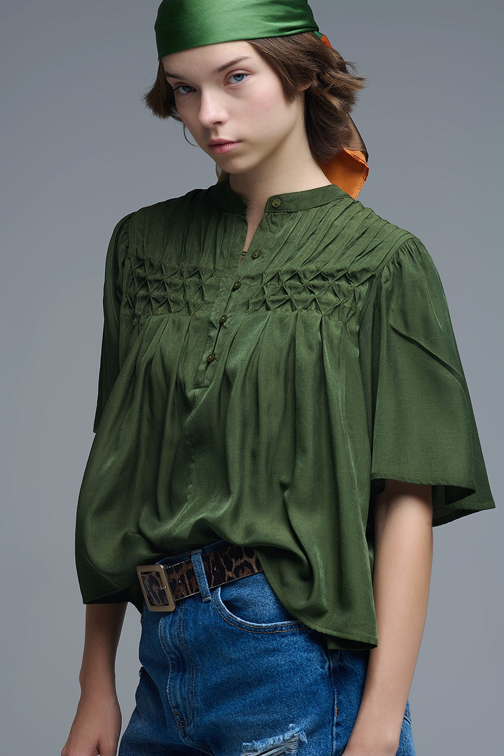Relaxed Green boho-style blouse with embroidered details - top