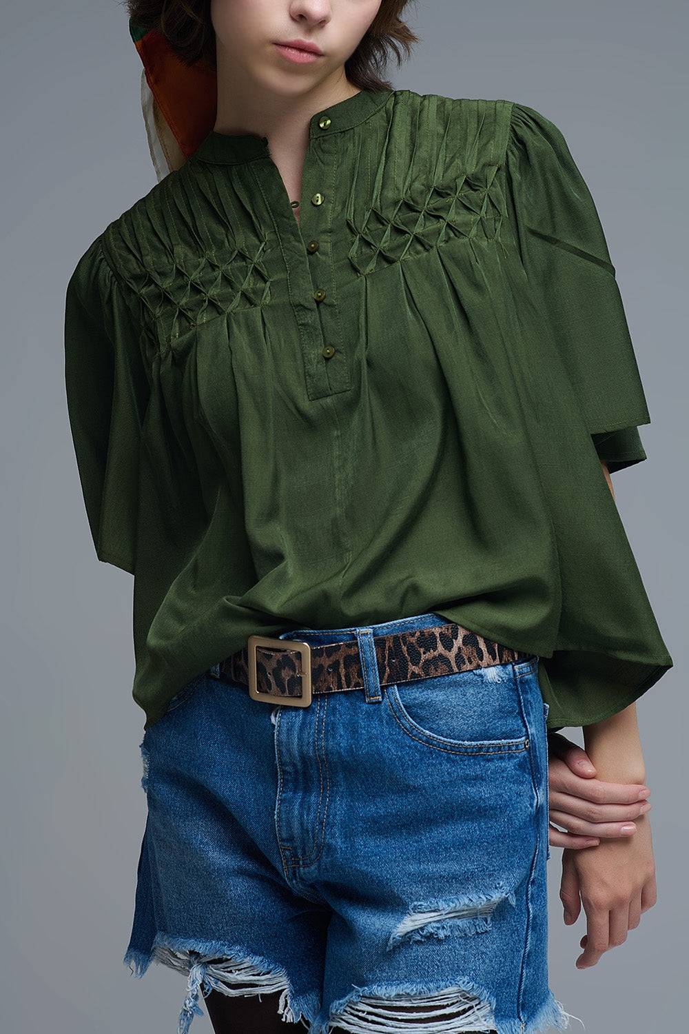 Relaxed Green boho-style blouse with embroidered details - top