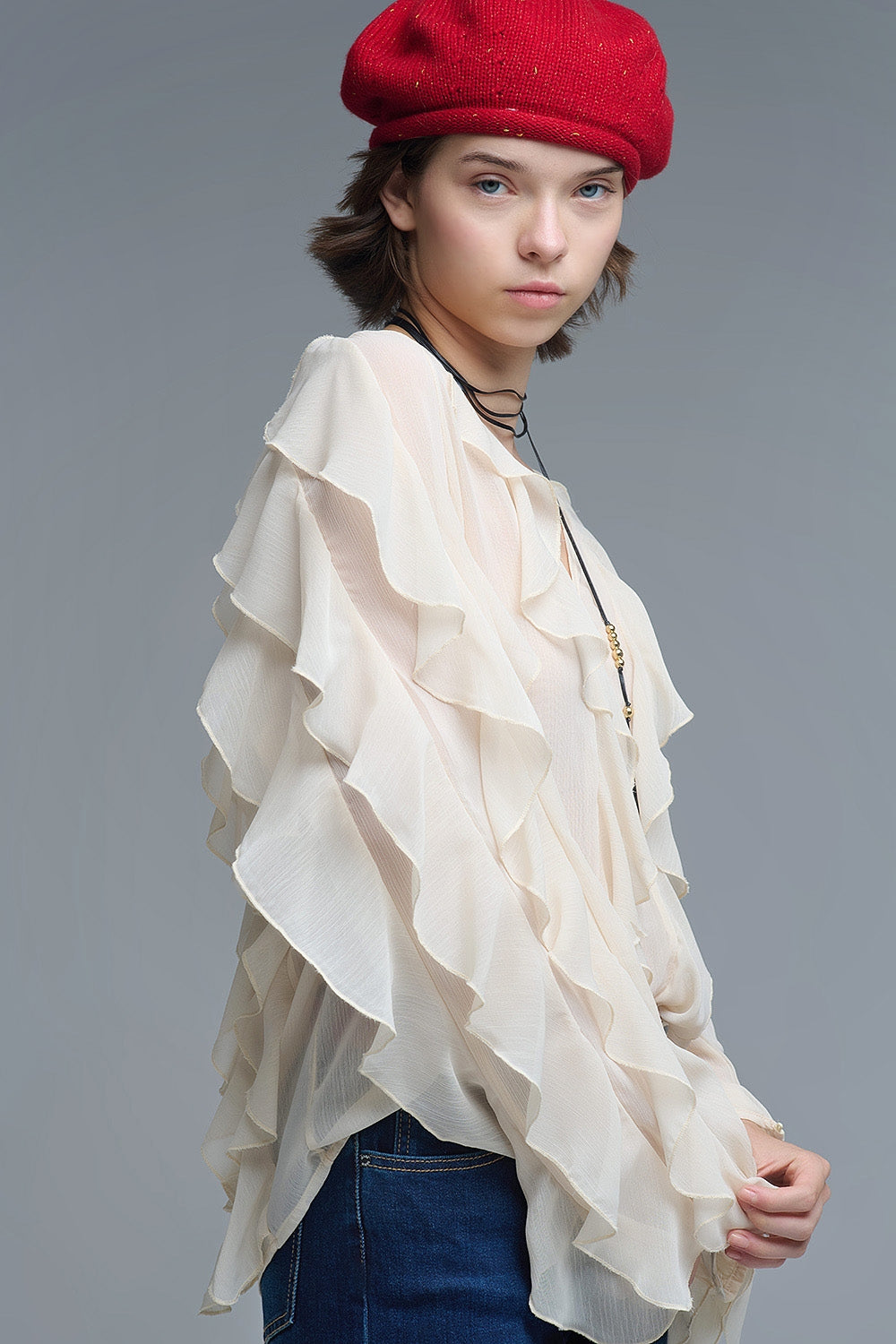 Beige V-Neck All Over Ruffle Blouse