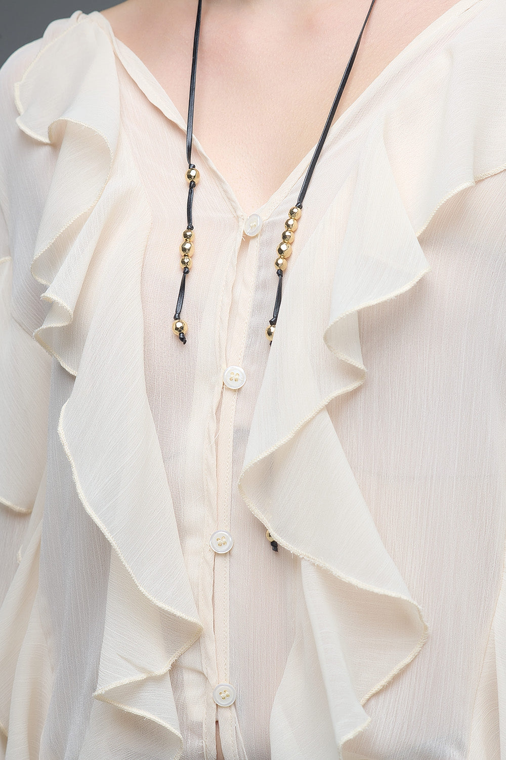 Beige V-Neck All Over Ruffle Blouse
