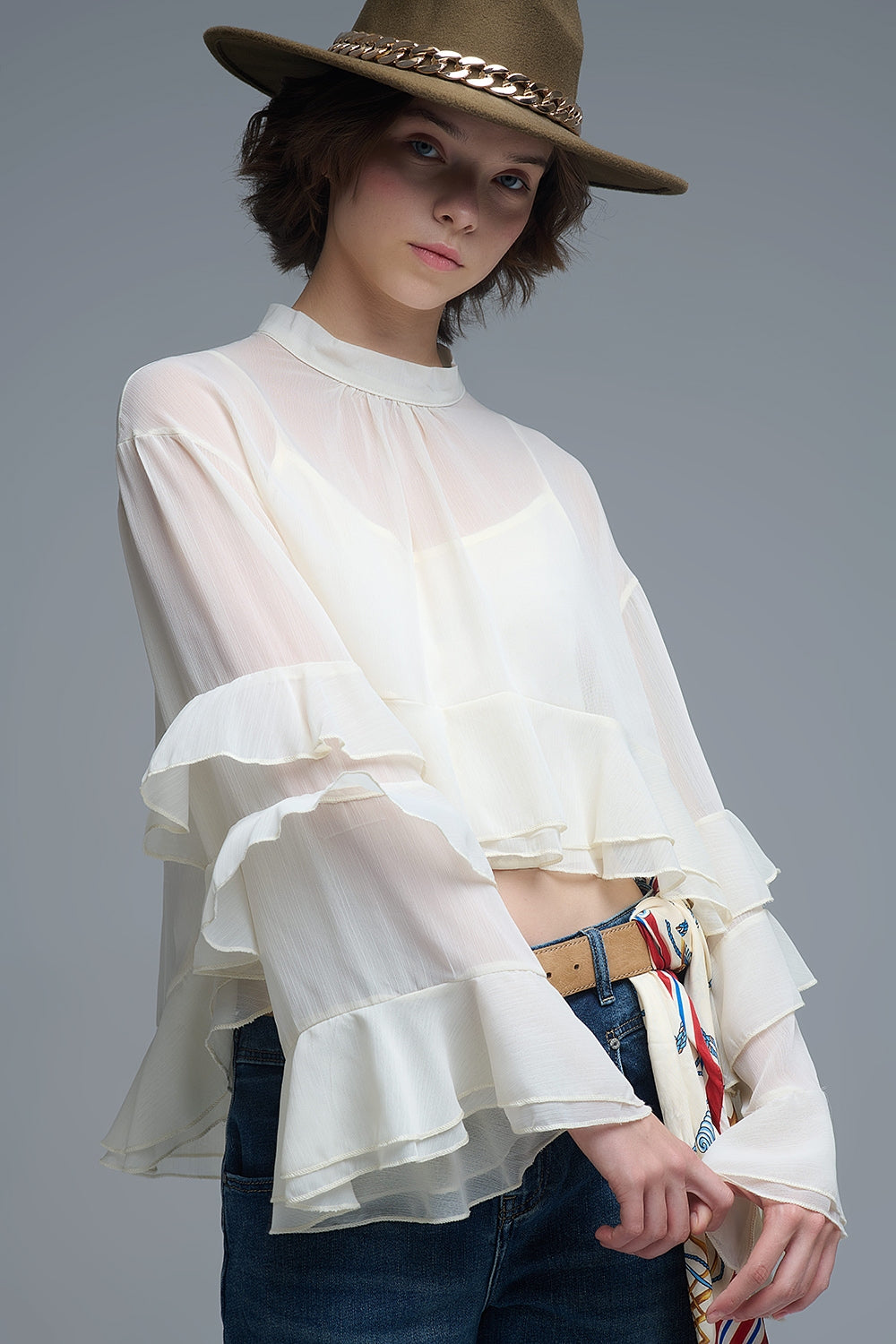Sheer Cape-style Beige Blouse in chiffon With Ruffles - Shirts