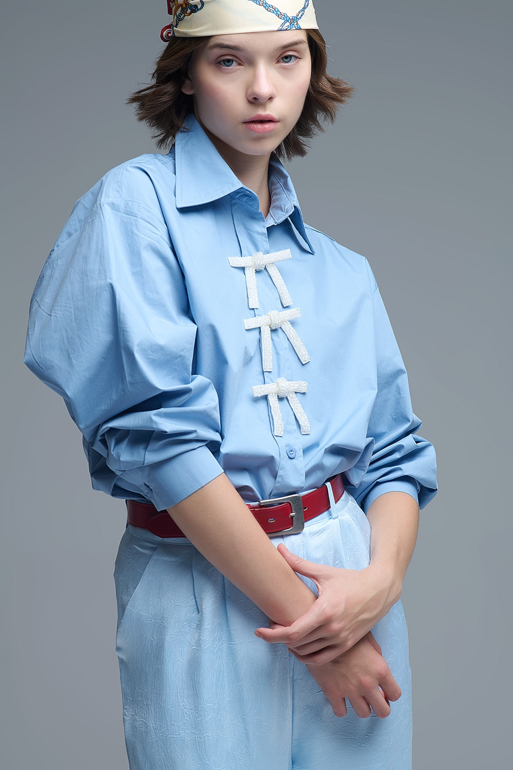 Blue Oversized Poplin Shirt With White Beaded Bow Buttons - Shirts