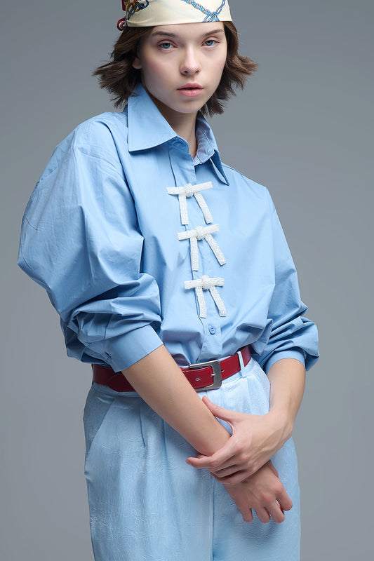 Blue Oversized Poplin Shirt With White Beaded Bow Buttons - Shirts