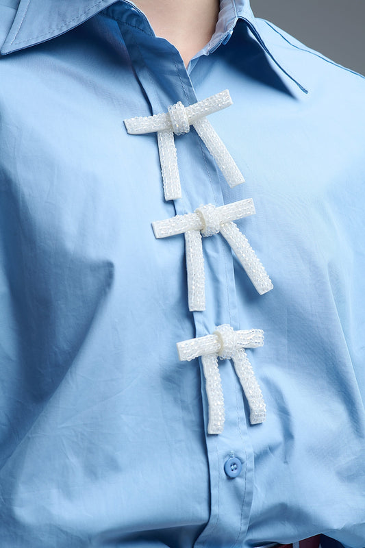 Blue Oversized Poplin Shirt With White Beaded Bow Buttons - Shirts