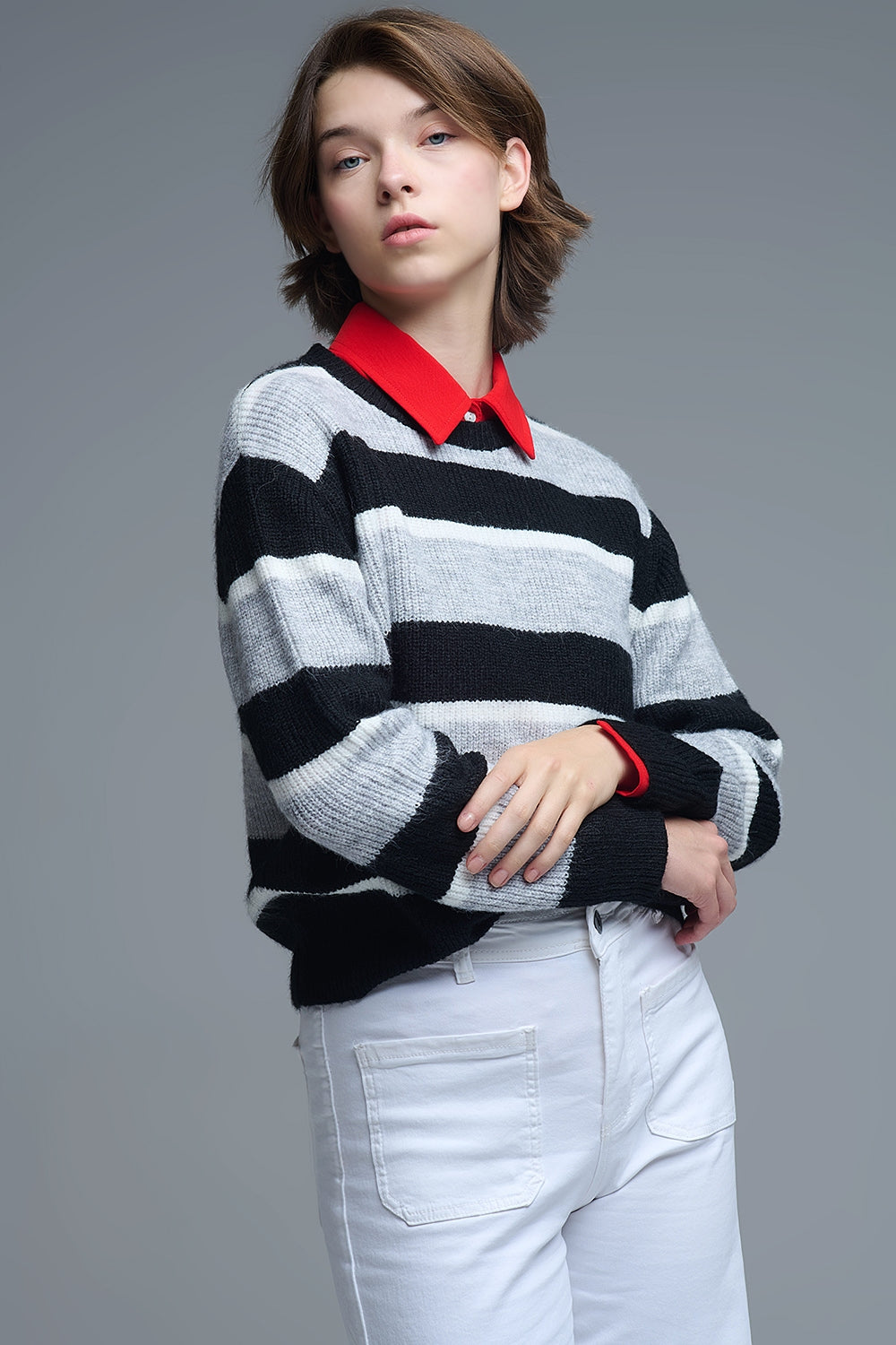 Black jersey with white and grey stripes - jumper