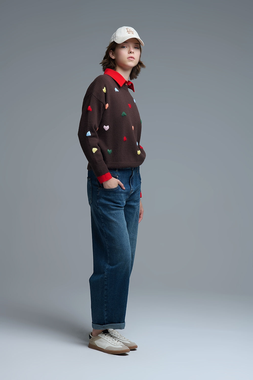 Brown Crew neck Sweater With Multicolor Embroidered Hearts - jumper