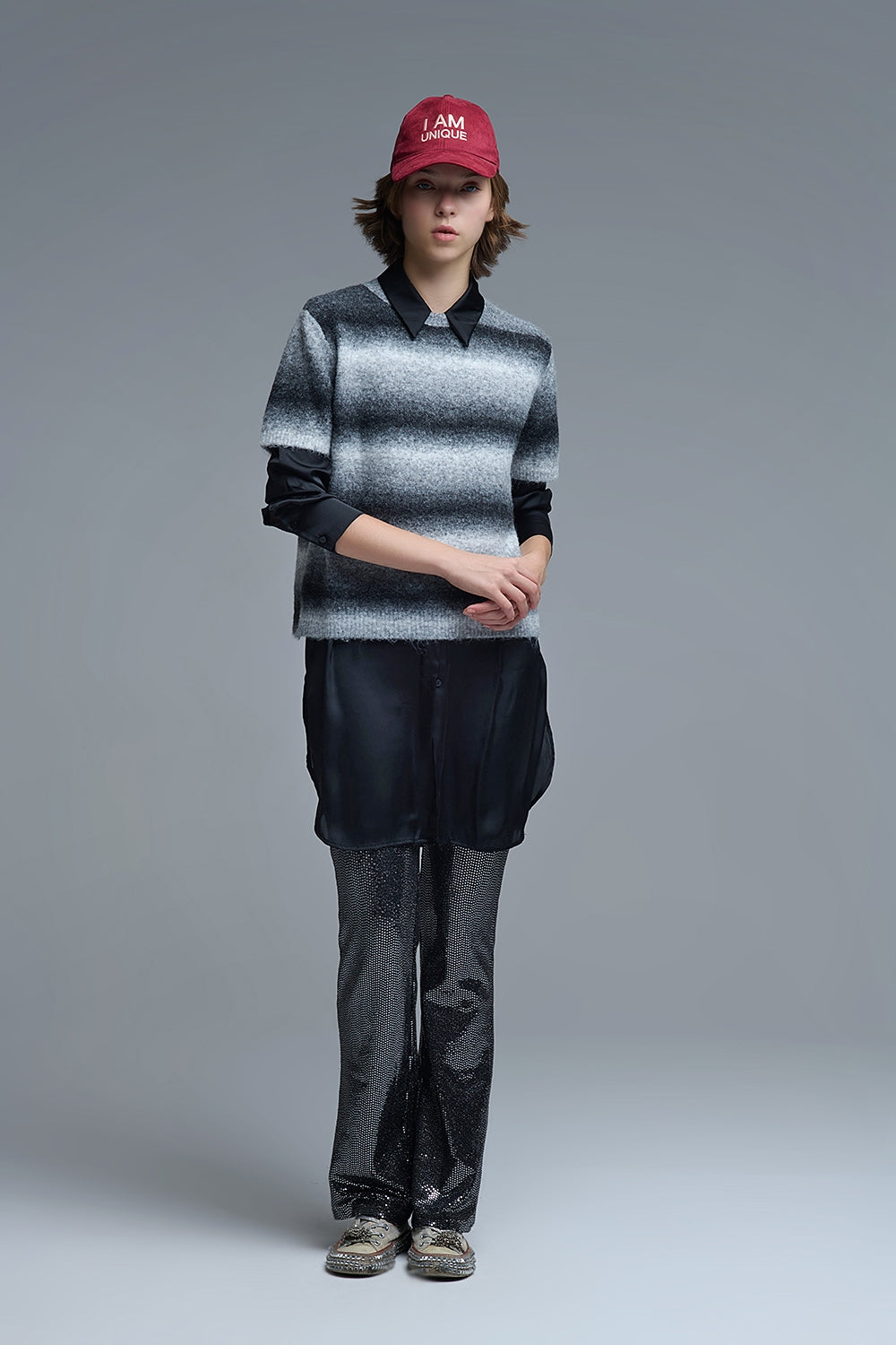 Short Sleeve Ombré Striped Sweater in Grey - jumper