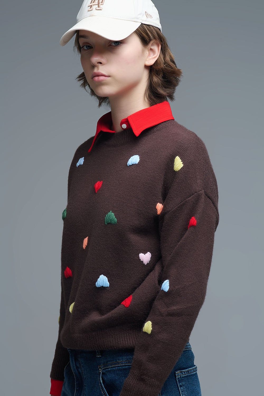 Brown Crew neck Sweater With Multicolor Embroidered Hearts - jumper