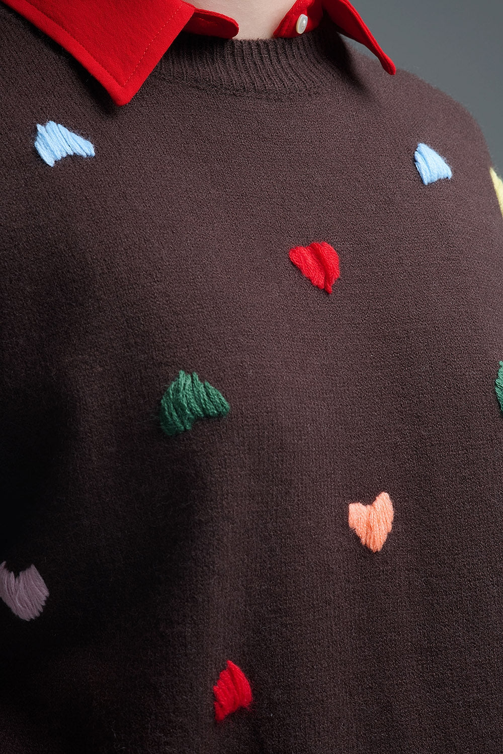 Brown Crew neck Sweater With Multicolor Embroidered Hearts - jumper