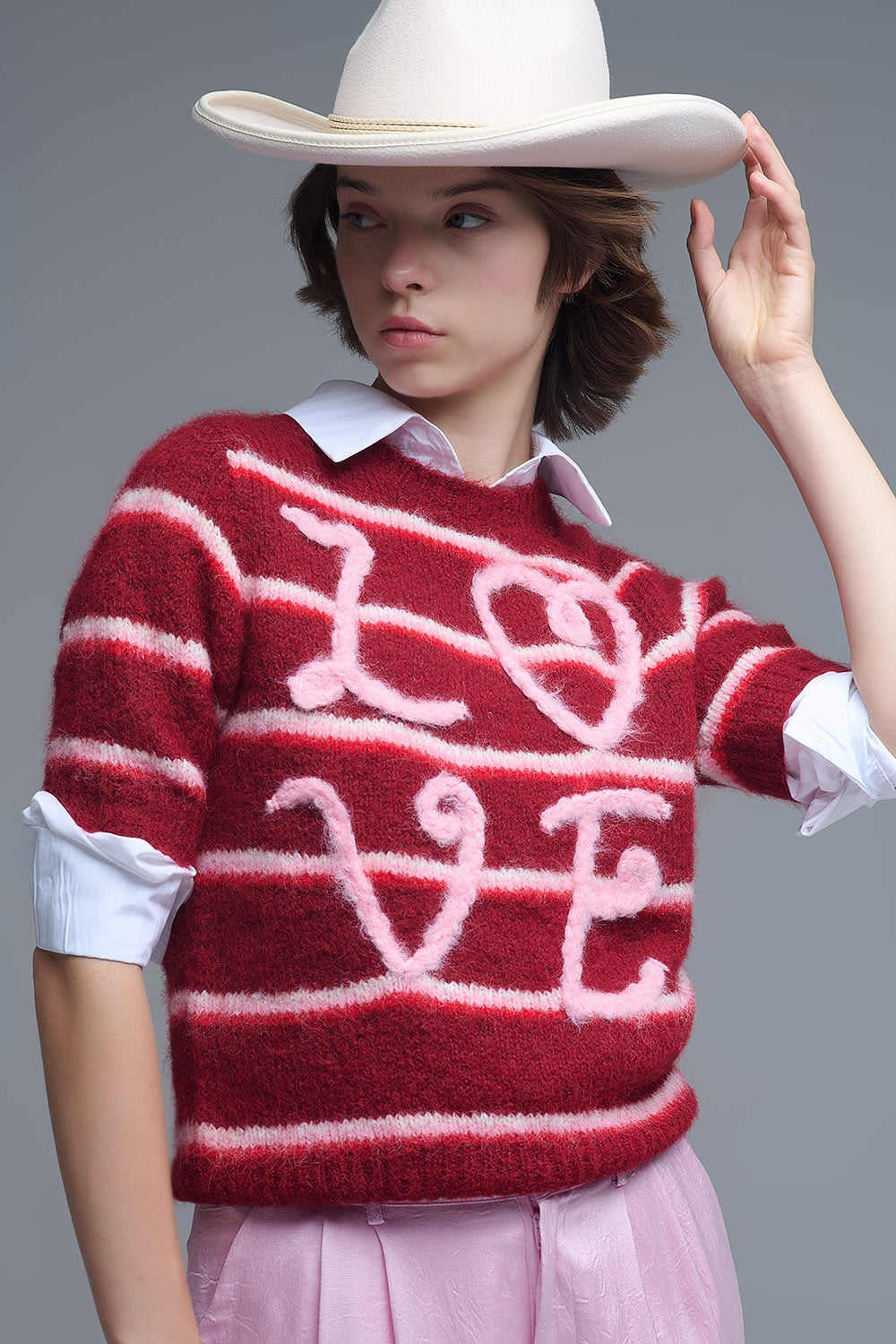 Short Sleeve Embroidered Love Sweater in Burgundy