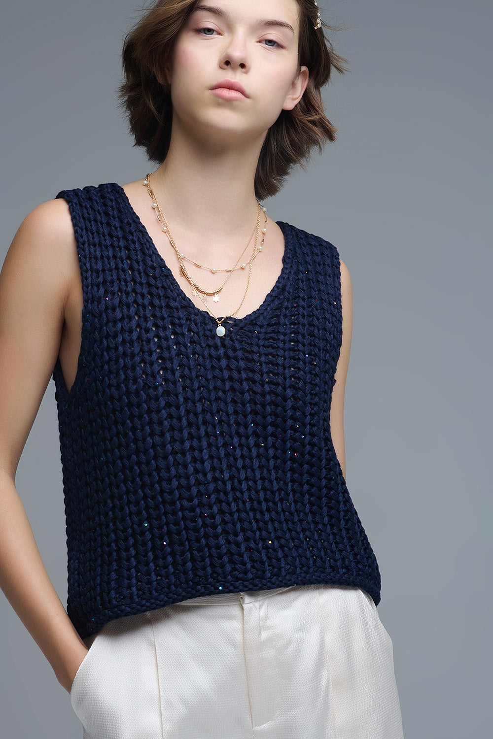 Crochet Cropped Vest in Navy With sequins Thread