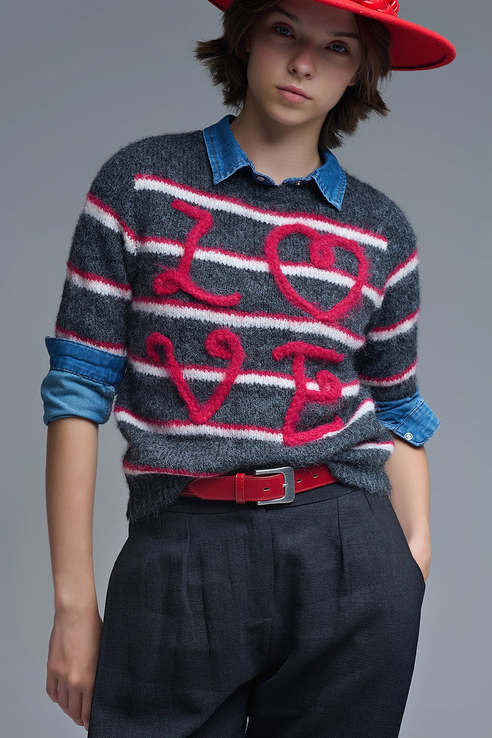 Short Sleeve Embroidered Love Sweater in Dark Grey - jumper