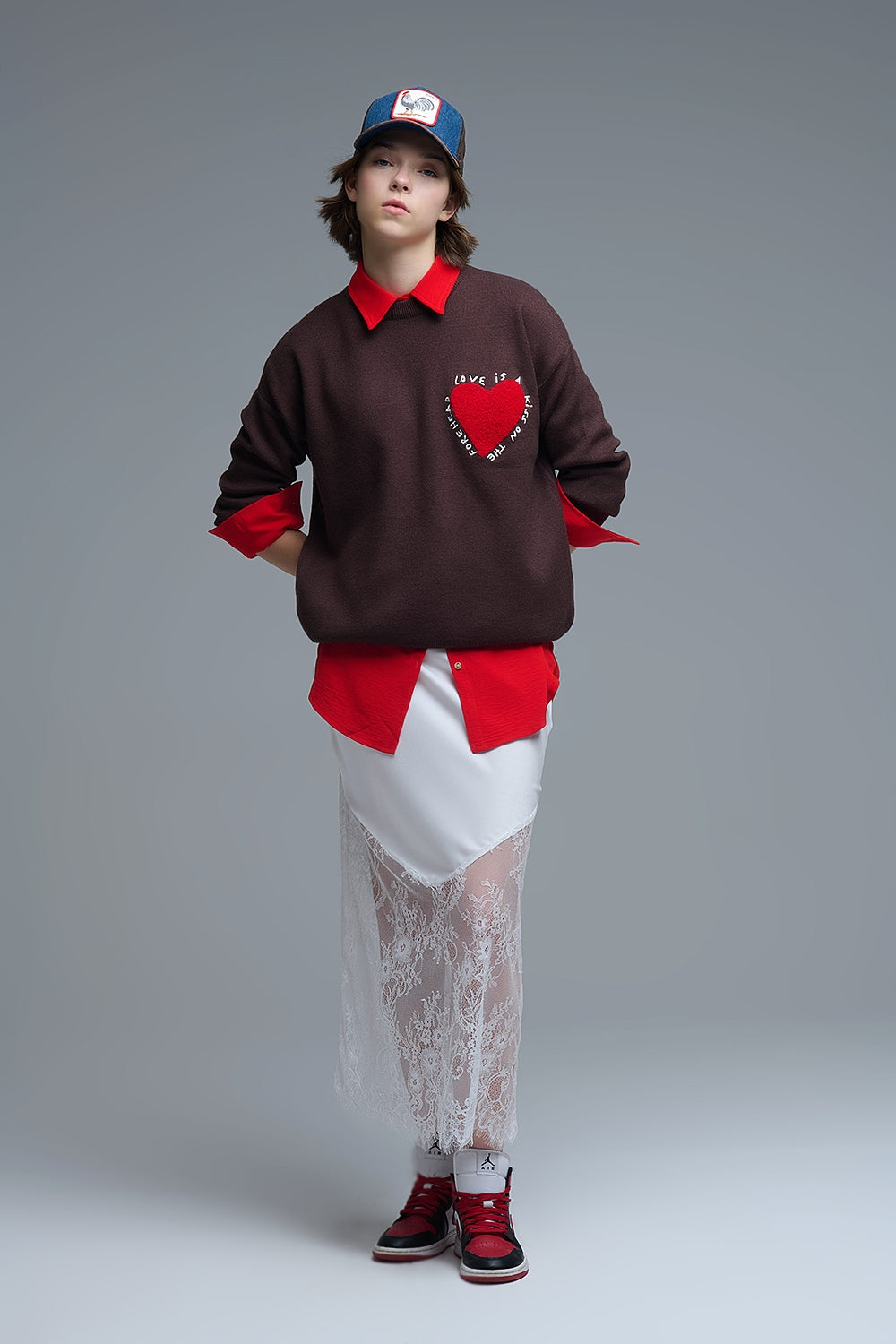 Embroidered Heart knitted Sweatshirt With Text in Brown - jumper
