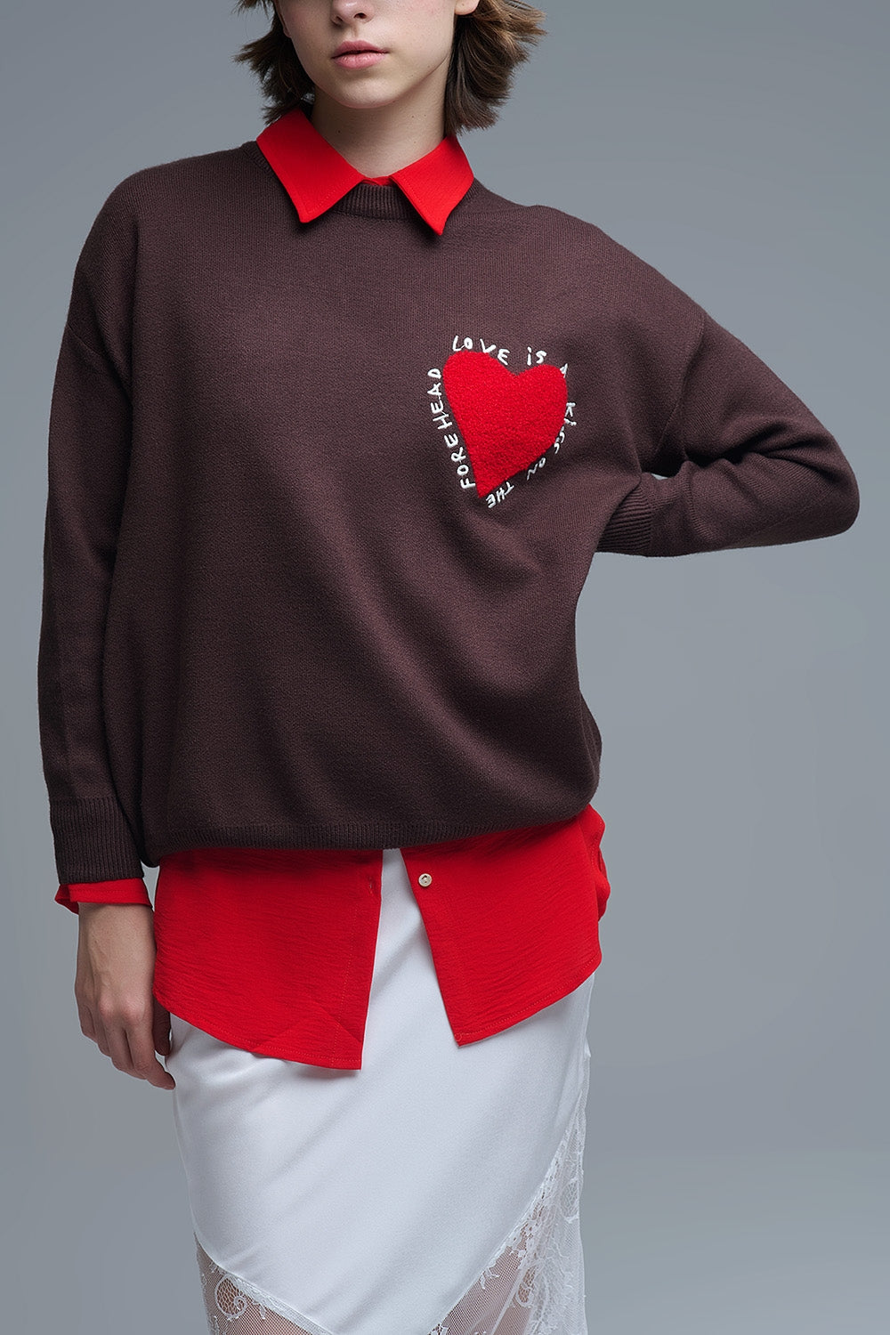 Embroidered Heart knitted Sweatshirt With Text in Brown - jumper