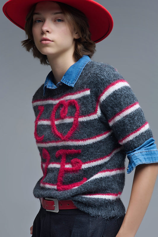 Short Sleeve Embroidered Love Sweater in Dark Grey - jumper