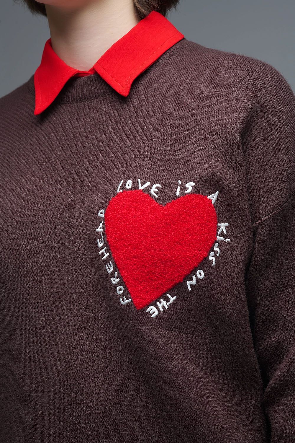 Embroidered Heart knitted Sweatshirt With Text in Brown - jumper