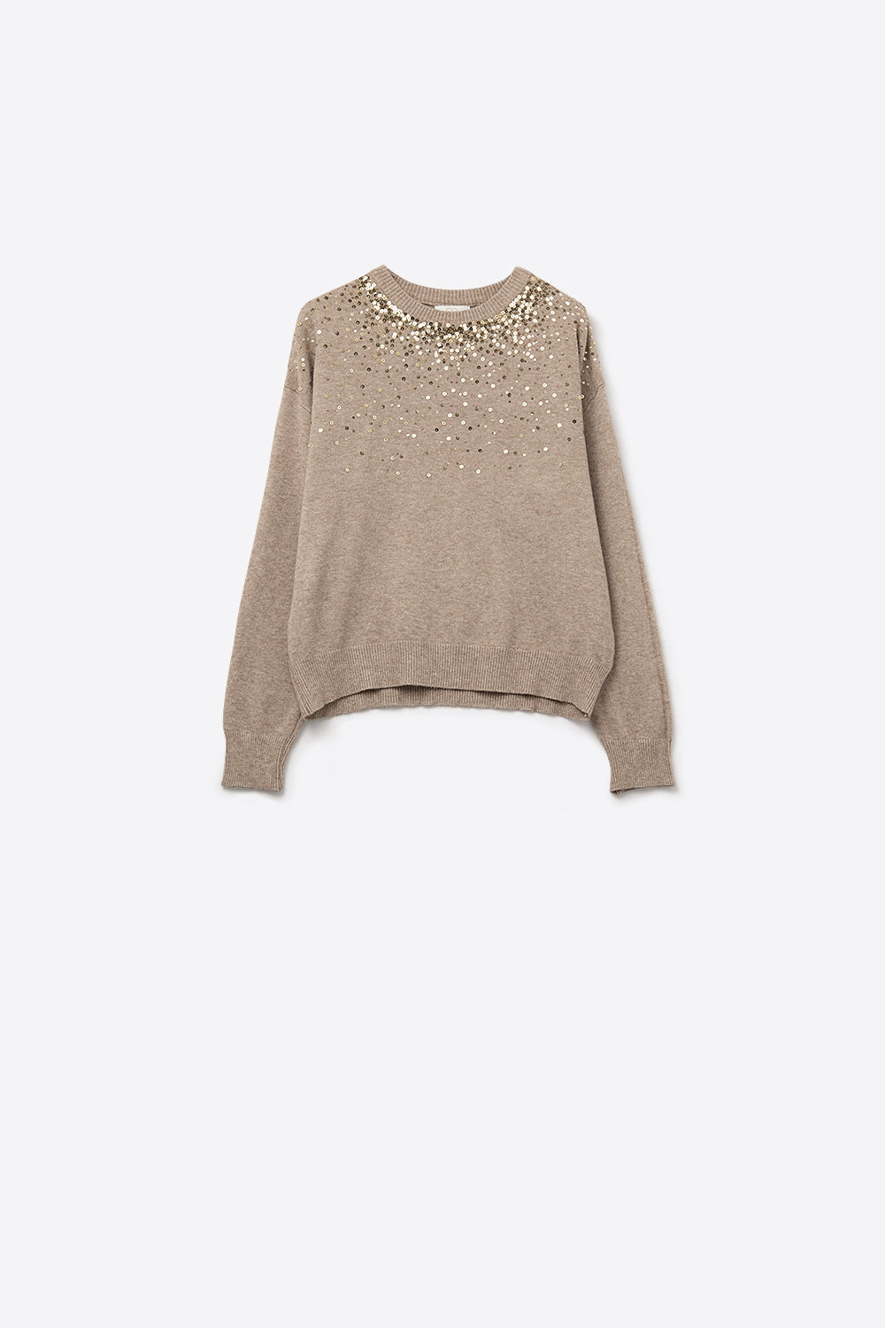 Beige soft knit sweater embellished with sequins on the front