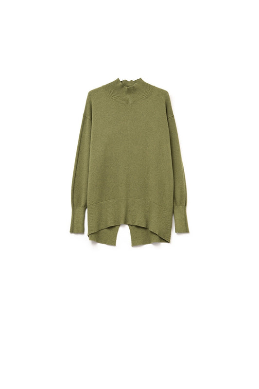 Loose military green sweater with open back detail