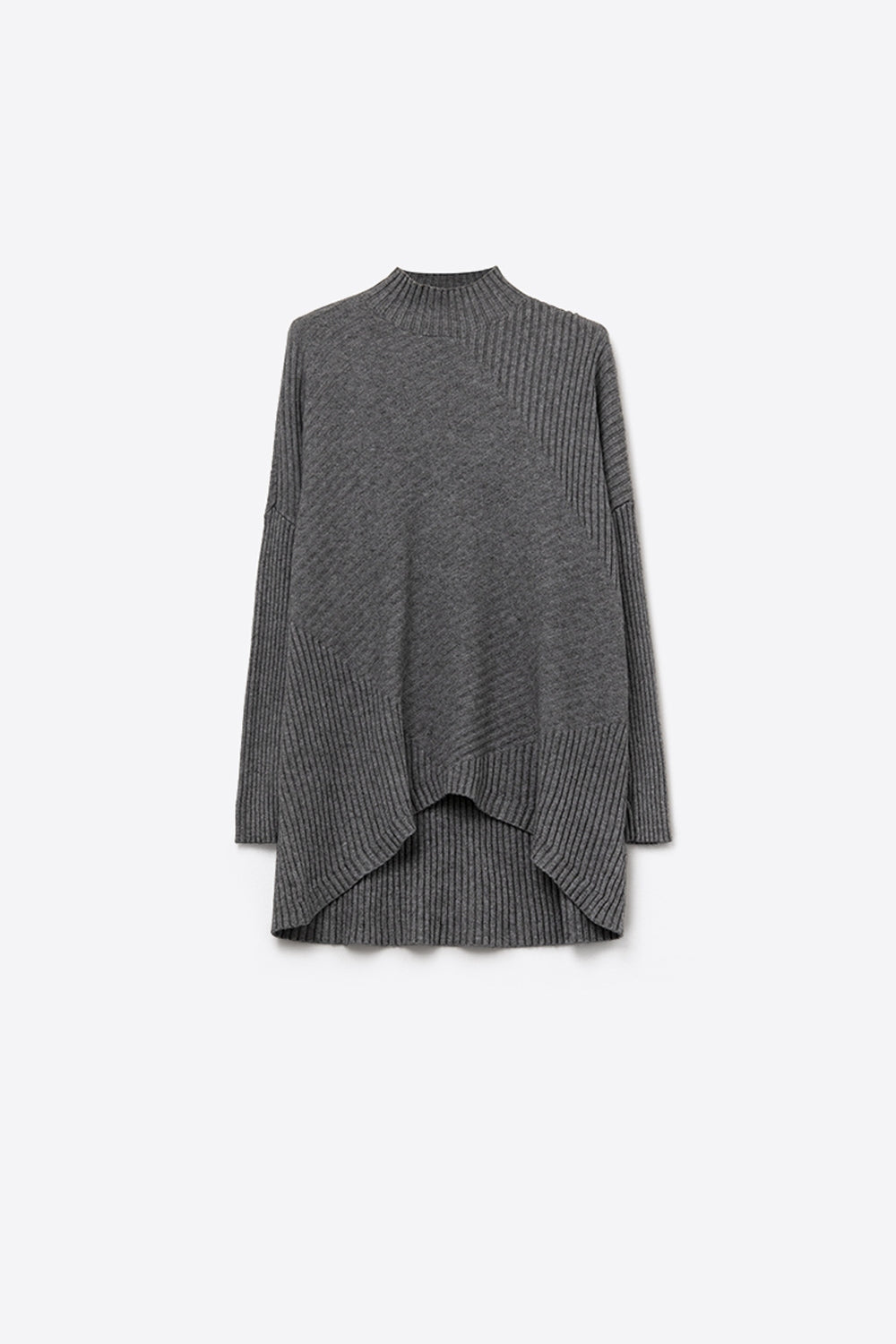 Gray Asymmetric Ribbed Knit Sweater Tunic - Jumpers