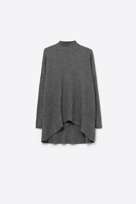 Gray Asymmetric Ribbed Knit Sweater Tunic - Jumpers