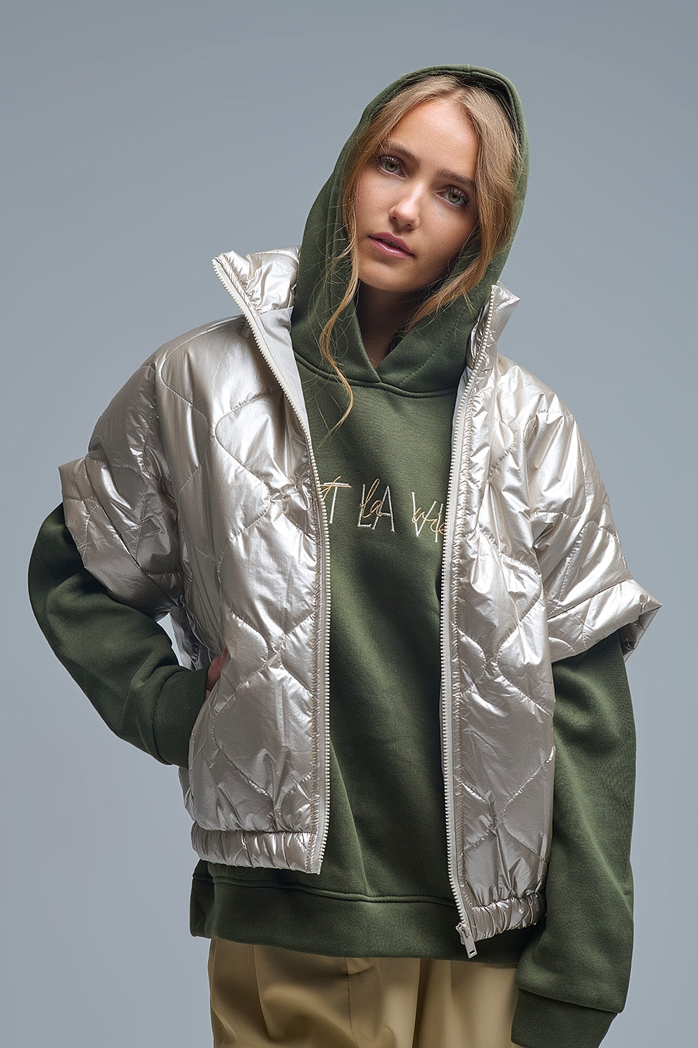 padded down jacket in gold with Cap Sleeve - blazer