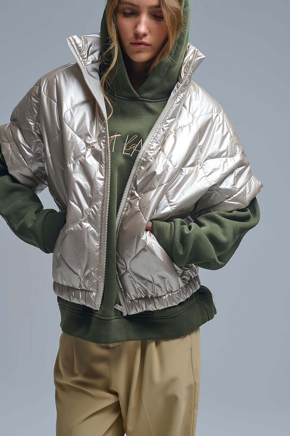 padded down jacket in gold with Cap Sleeve - blazer