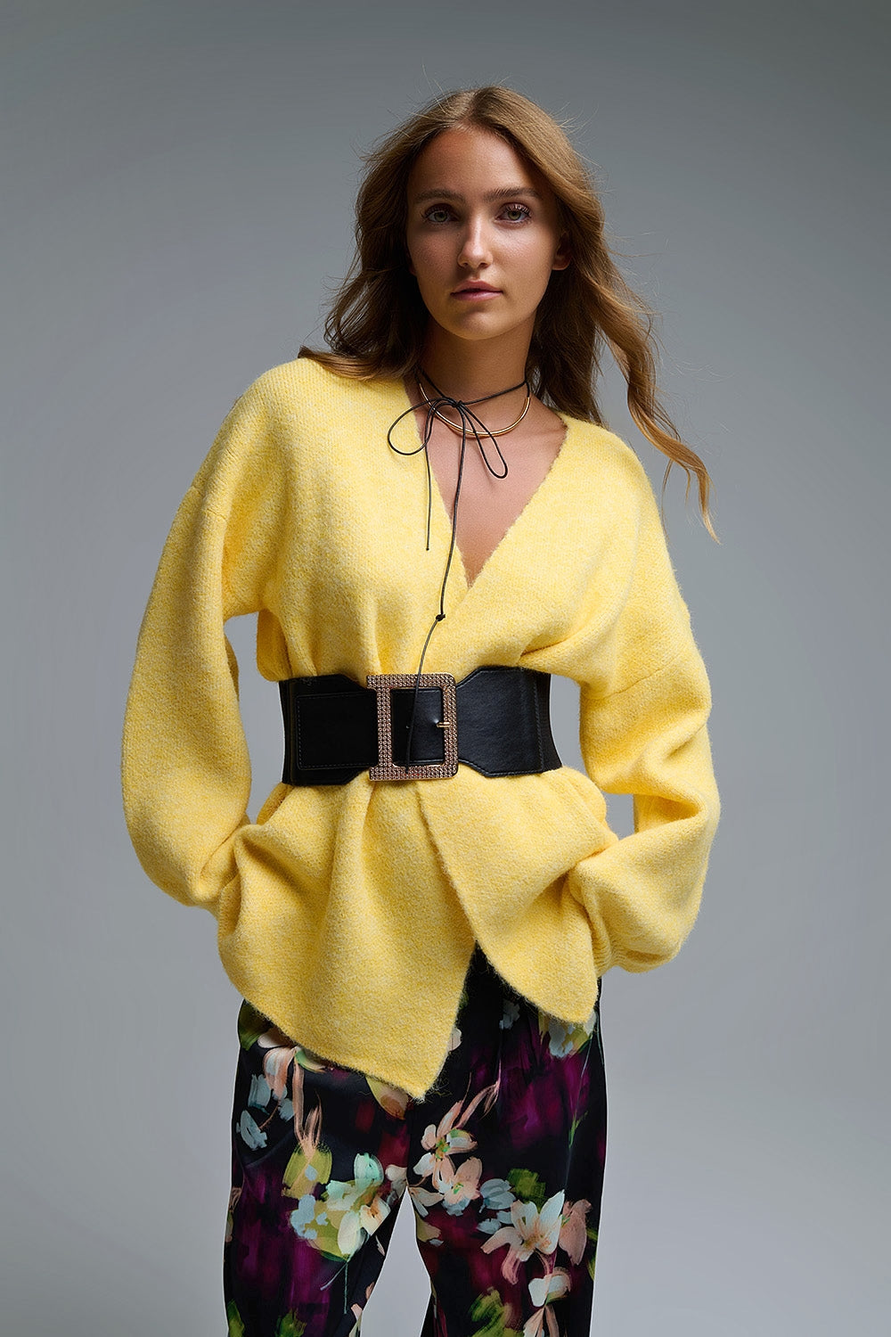 Elegant Yellow Wrap Knitted Cardigan