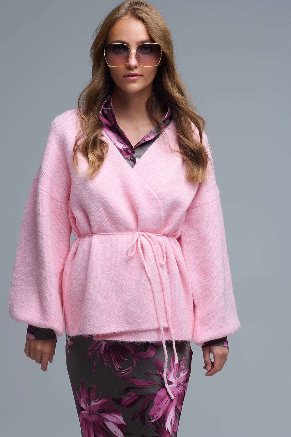 Elegant Pink Wrap Knitted Cardigan - cardigan