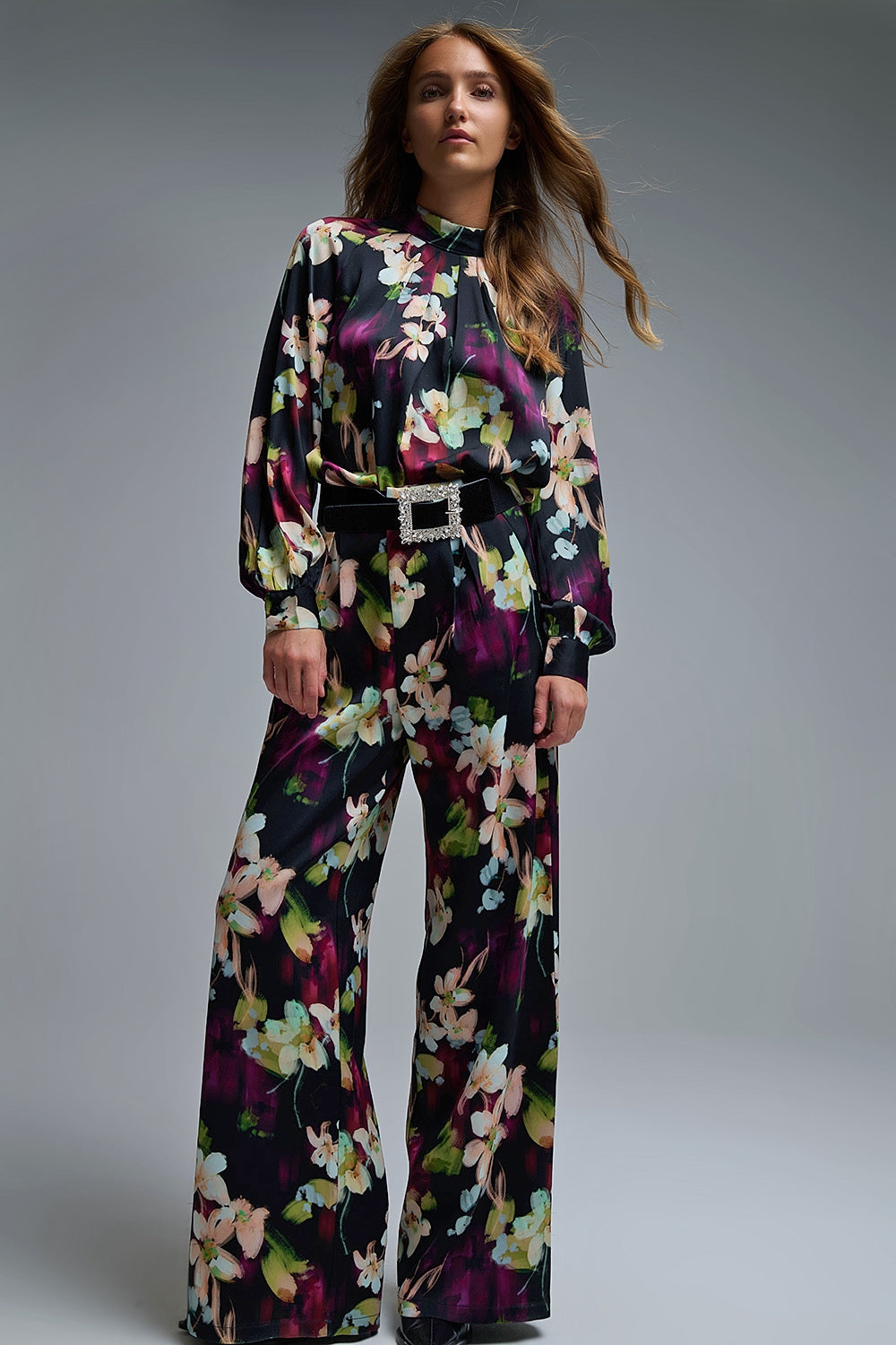 Floral-Print Flowing Trousers in satin fabric with side pockets - trousers