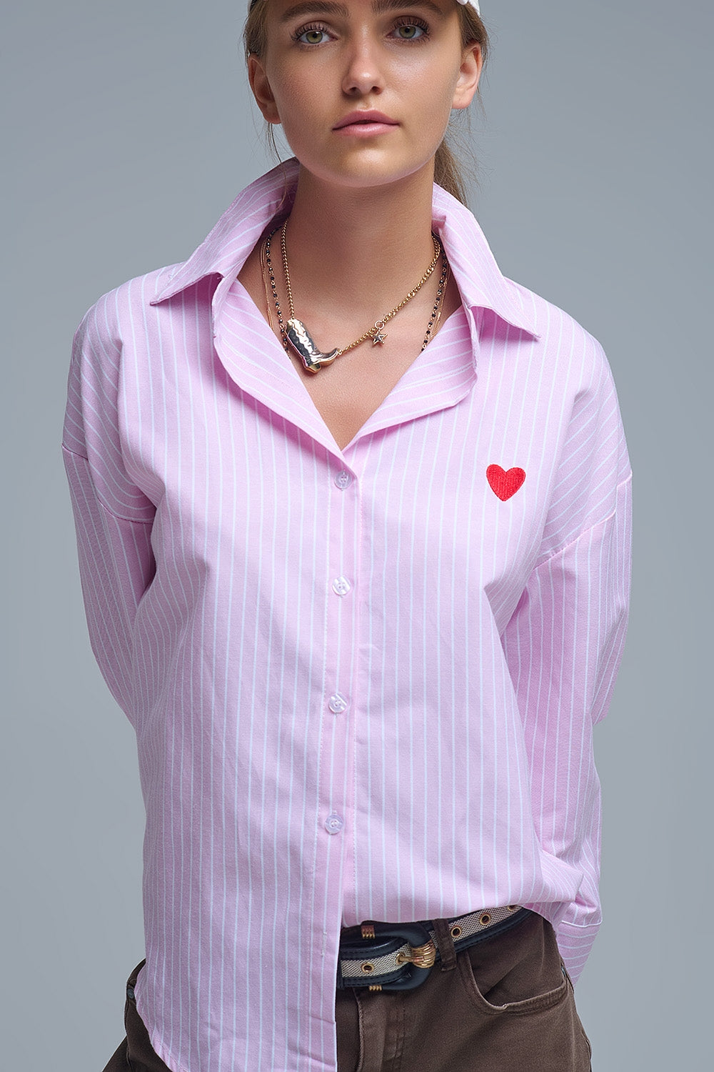 Pink Striped shirt with red heart embroidery - Shirts