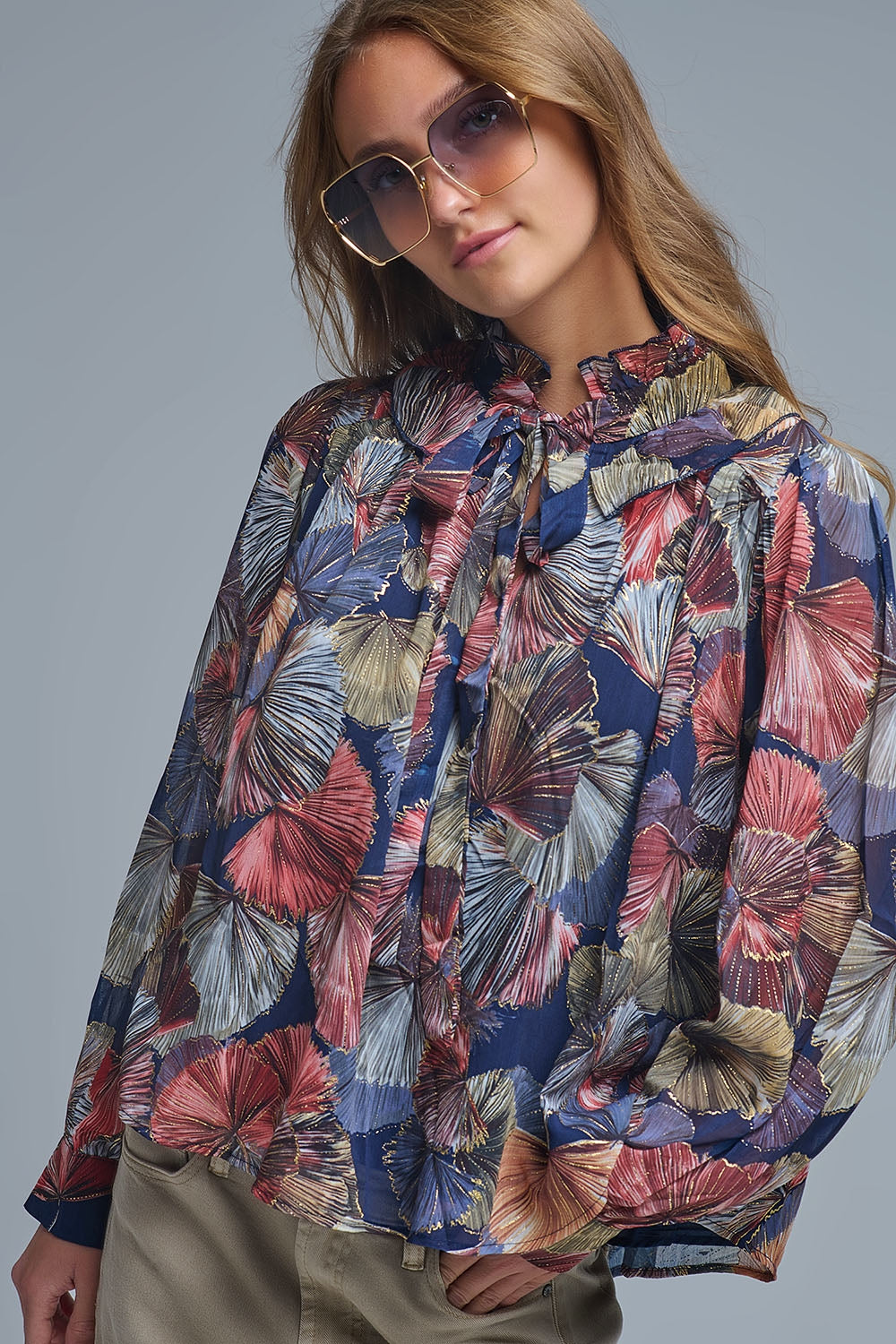 Boho-Chic Printed Ruffle Blouse in Metallic Palms Print - Shirts