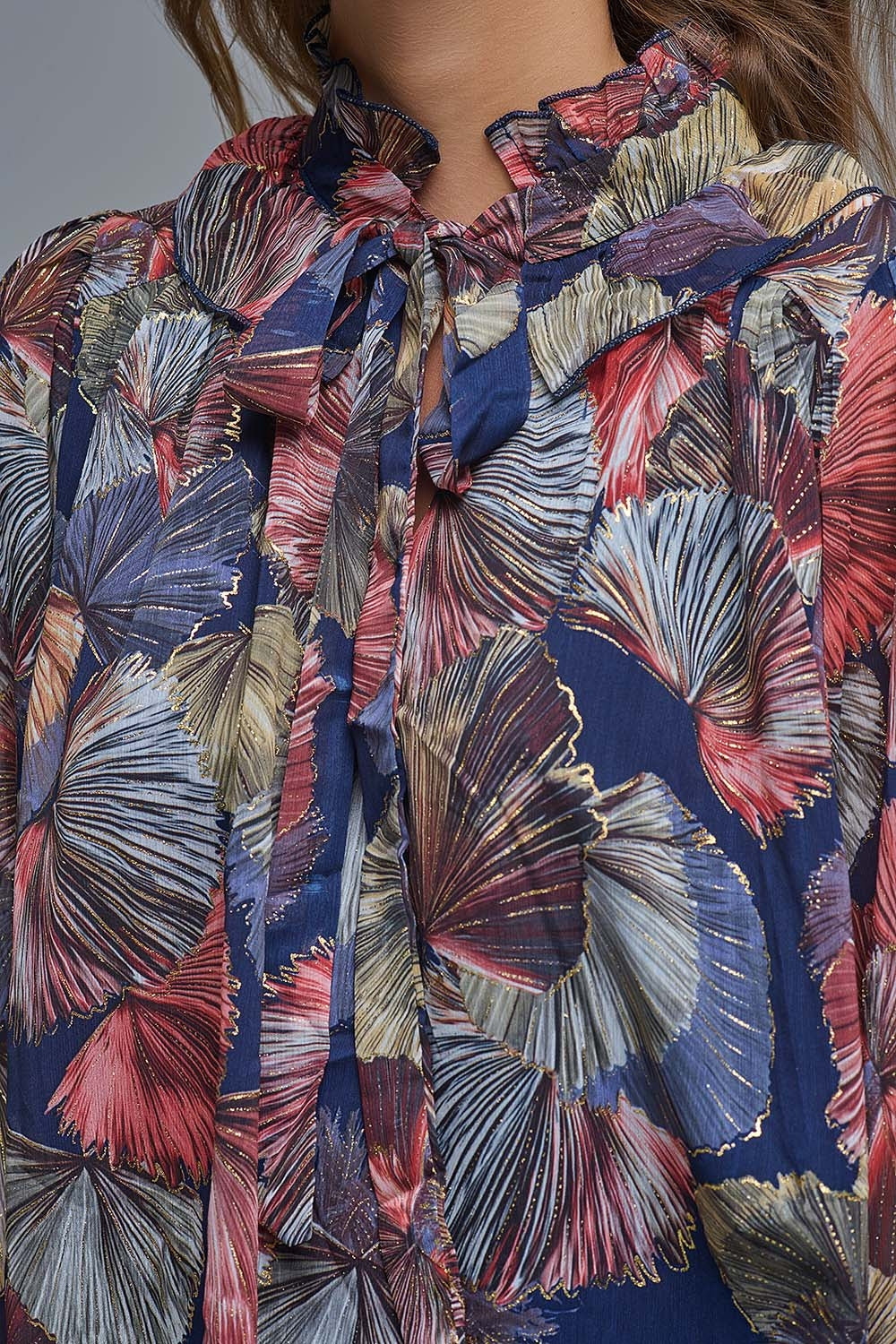 Boho-Chic Printed Ruffle Blouse in Metallic Palms Print - Shirts