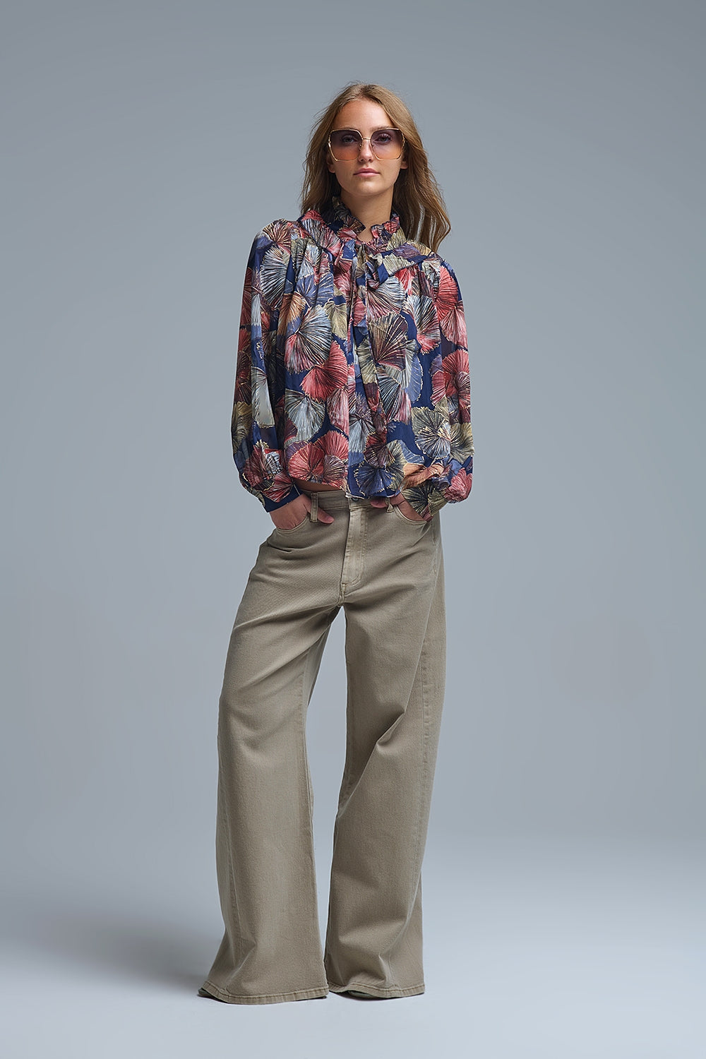 Boho-Chic Printed Ruffle Blouse in Metallic Palms Print - Shirts