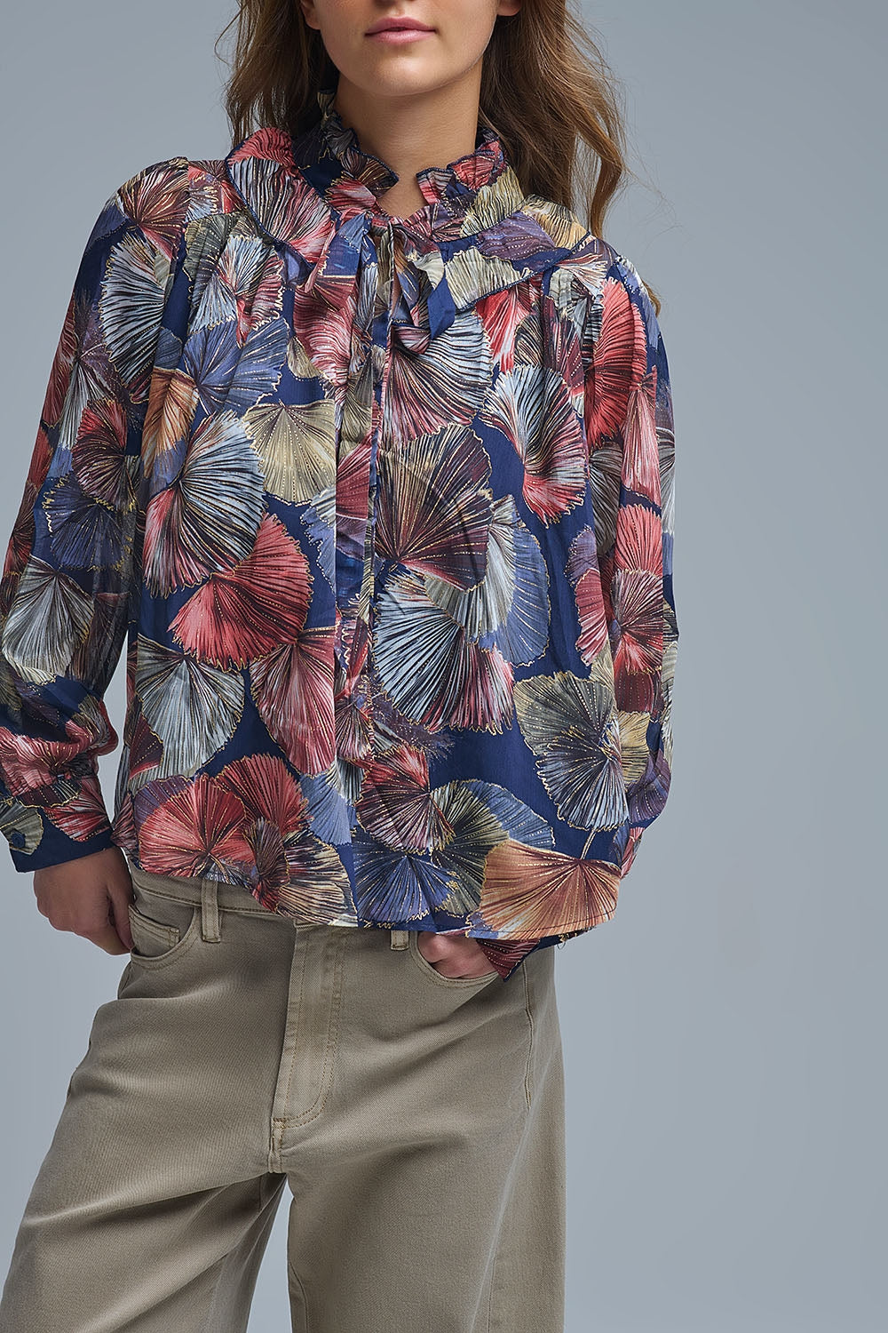 Boho-Chic Printed Ruffle Blouse in Metallic Palms Print - Shirts