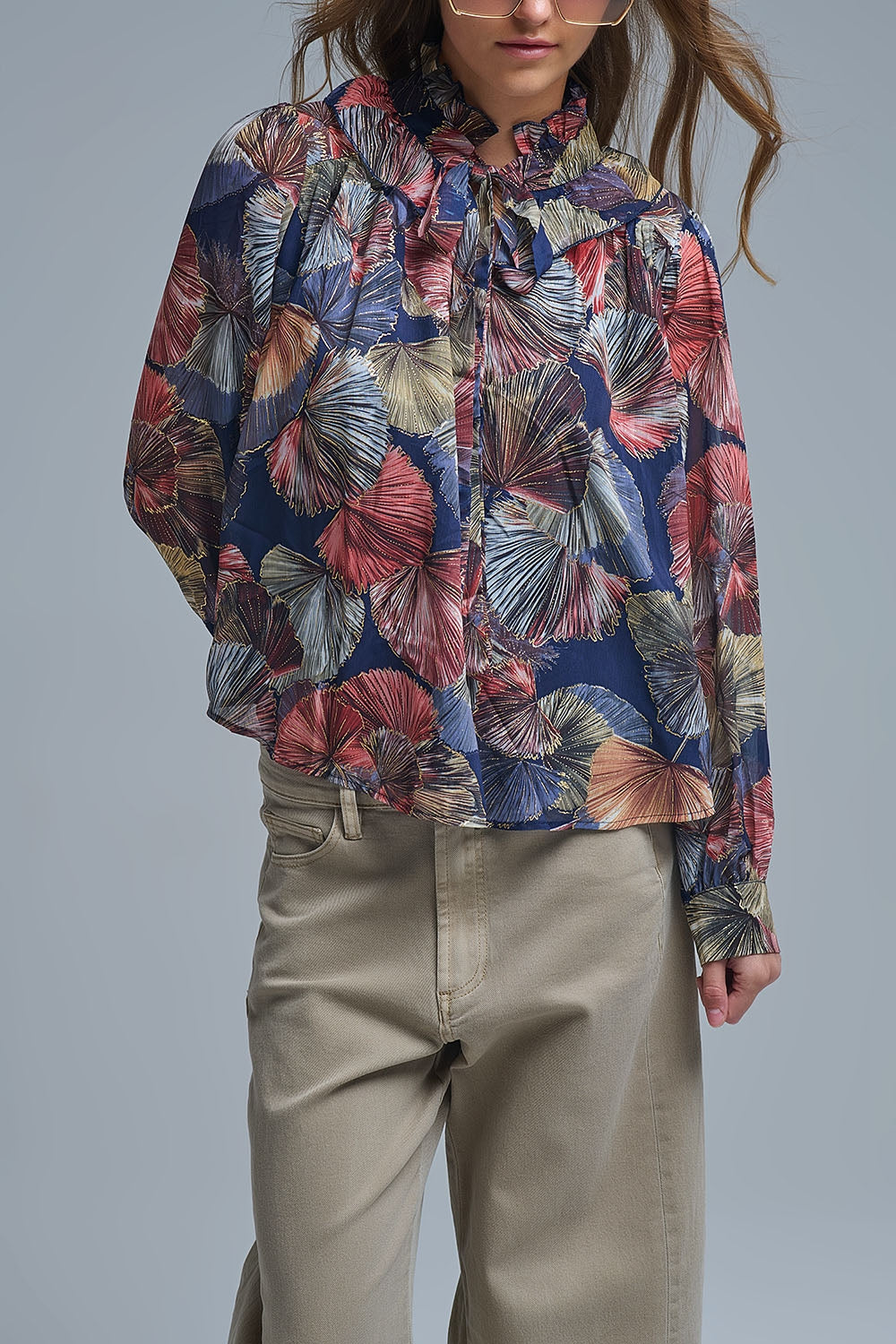 Boho-Chic Printed Ruffle Blouse in Metallic Palms Print - Shirts